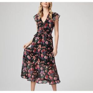 Paige Paradis Silk Midi Dress Small Black Floral Ruffle Flutter Sleeve Maxi Long